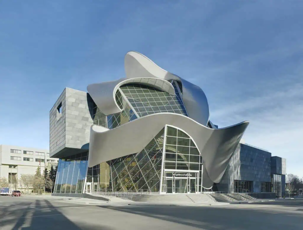 Iconic Edmonton Art Gallery building featuring contemporary, sculptural architecture with reflective surfaces and dynamic shapes.