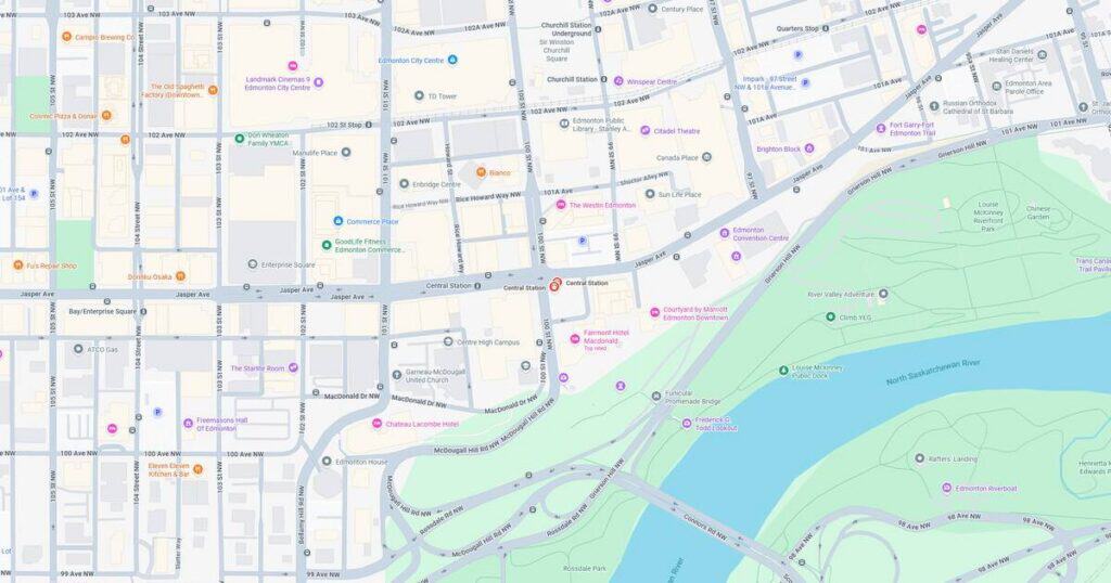 Detailed city map showing streets, parks, and river layout for navigation and urban planning.