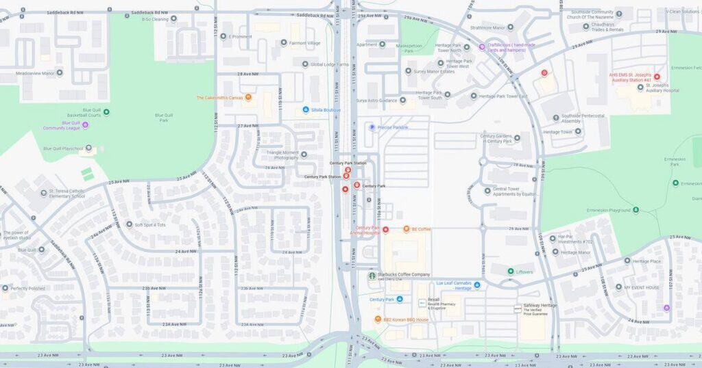 Detailed city map highlighting streets, bus stops, and nearby parks for easy navigation and urban planning.