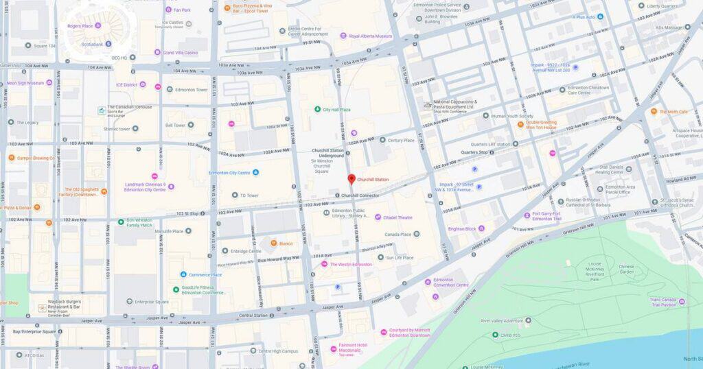 Map showing downtown city streets, landmarks, and green park area along the waterfront.