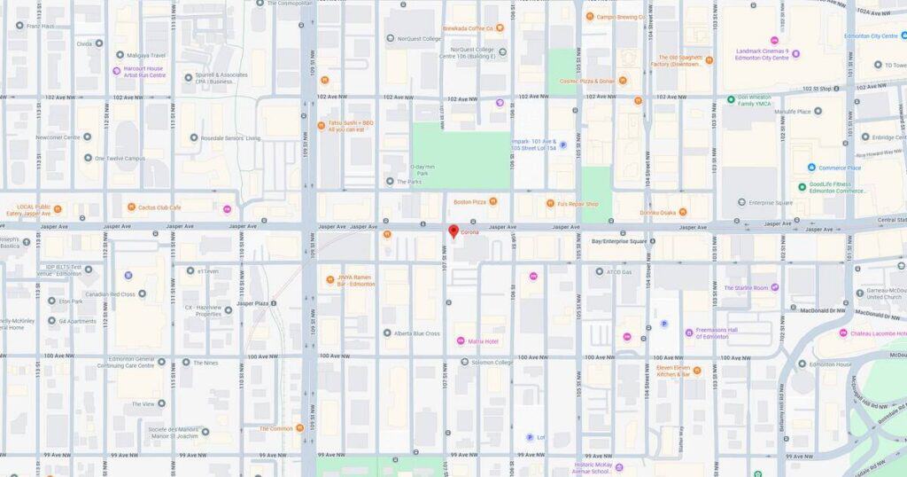 Map showing city streets, parks, and key landmarks in downtown area.