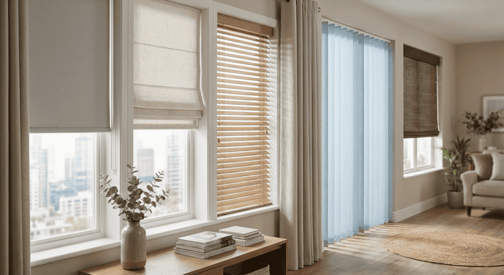 Bright living room with large windows featuring various window blinds including beige, blue, and brown, allowing natural light to fill the space.