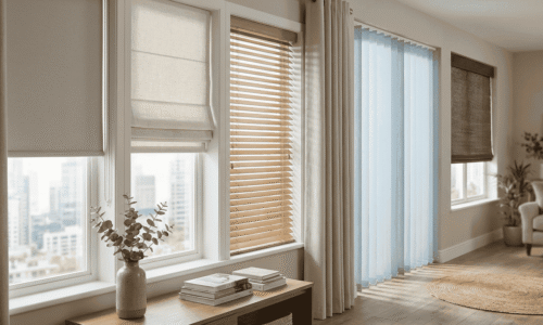 Bright living room with large windows featuring various window blinds including beige, blue, and brown, allowing natural light to fill the space.