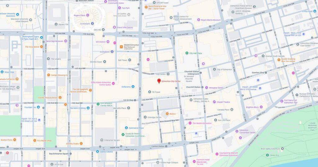 Map of Chinatown district with streets, landmarks, and nearby parks in downtown city area.