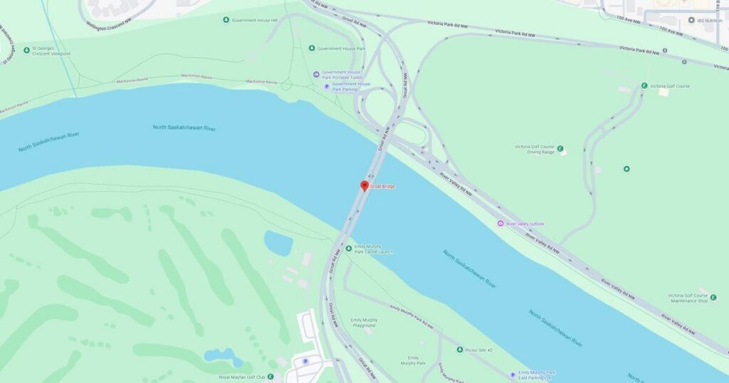 Map showing the North Saskatchewan River in Edmonton with surrounding parks, roads, and landmarks.