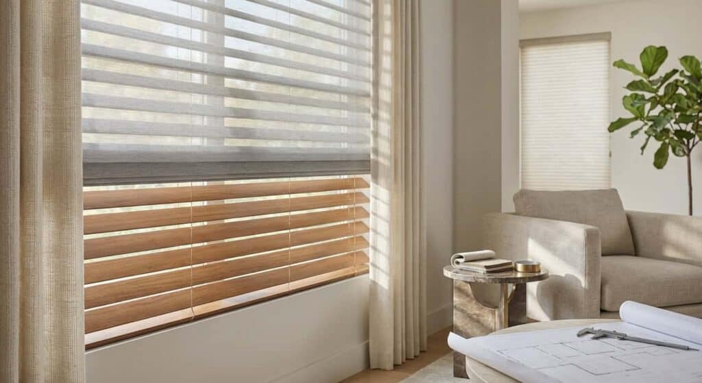 Bright living room featuring wooden blinds, large windows, and cozy seating area.
