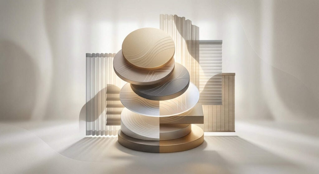 Elegant abstract sculpture featuring layered wooden and ceramic components in neutral tones.