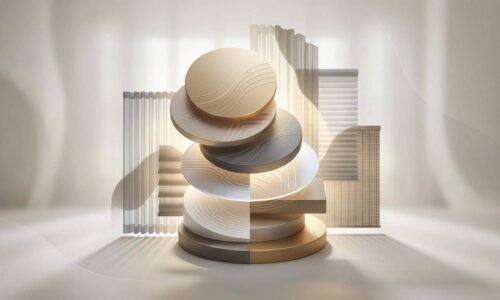 Elegant abstract sculpture featuring layered wooden and ceramic components in neutral tones.