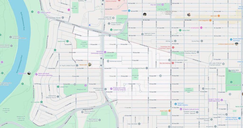 Detailed city street map highlighting parks, rivers, and neighborhoods for urban navigation and planning.
