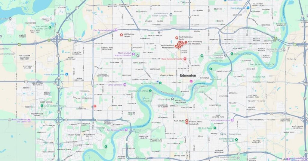 Map of Edmonton showing major streets, neighborhoods, and points of interest in Alberta, Canada.