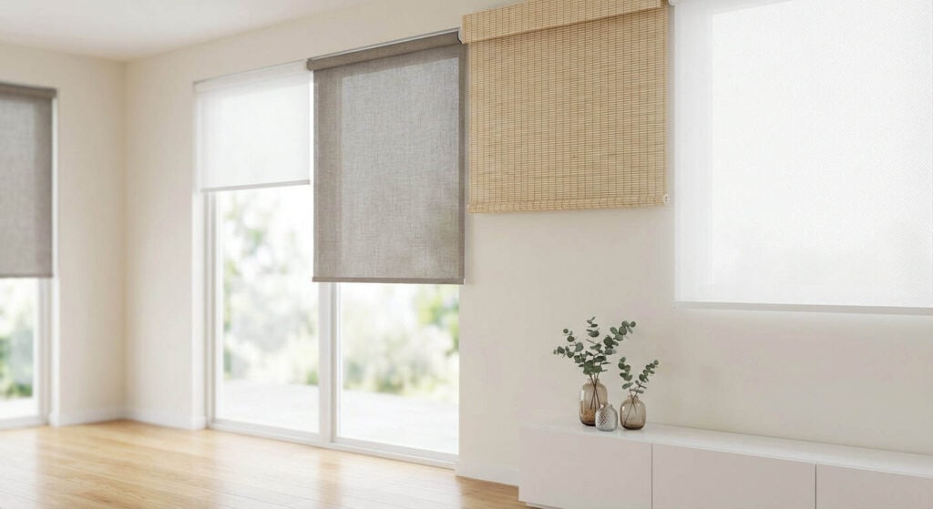 Bright living room with large windows featuring roller blinds in neutral tones, allowing natural light to fill the space. Minimalist decor with a small plant on a white cabinet, creating a calm and ai.