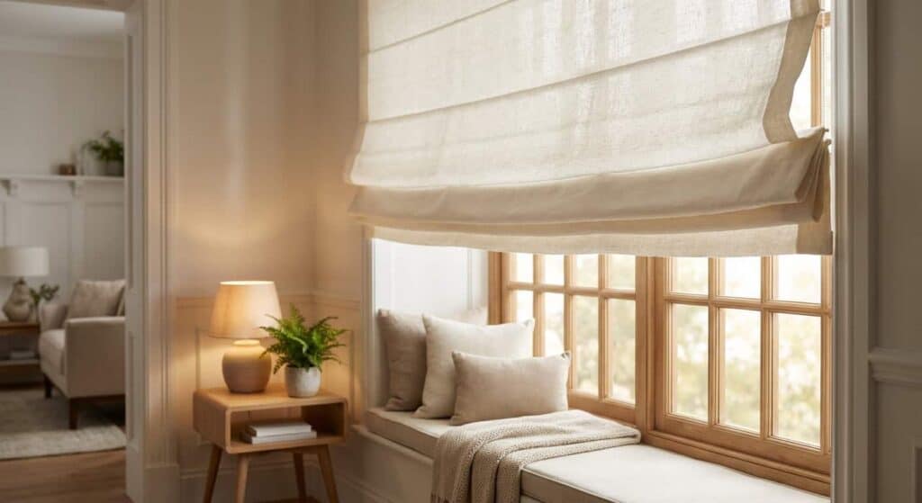 Bright window seat with plush cushions and soft sunlight streaming through the blinds, creating a warm and inviting reading nook. Perfect for relaxing and enjoying peaceful moments.