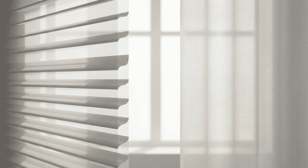 Bright sunlight streaming through horizontal window blinds, creating soft shadows and a warm, inviting atmosphere in a modern interior.