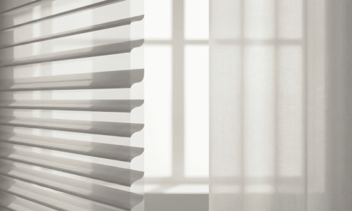 Bright sunlight streaming through horizontal window blinds, creating soft shadows and a warm, inviting atmosphere in a modern interior.