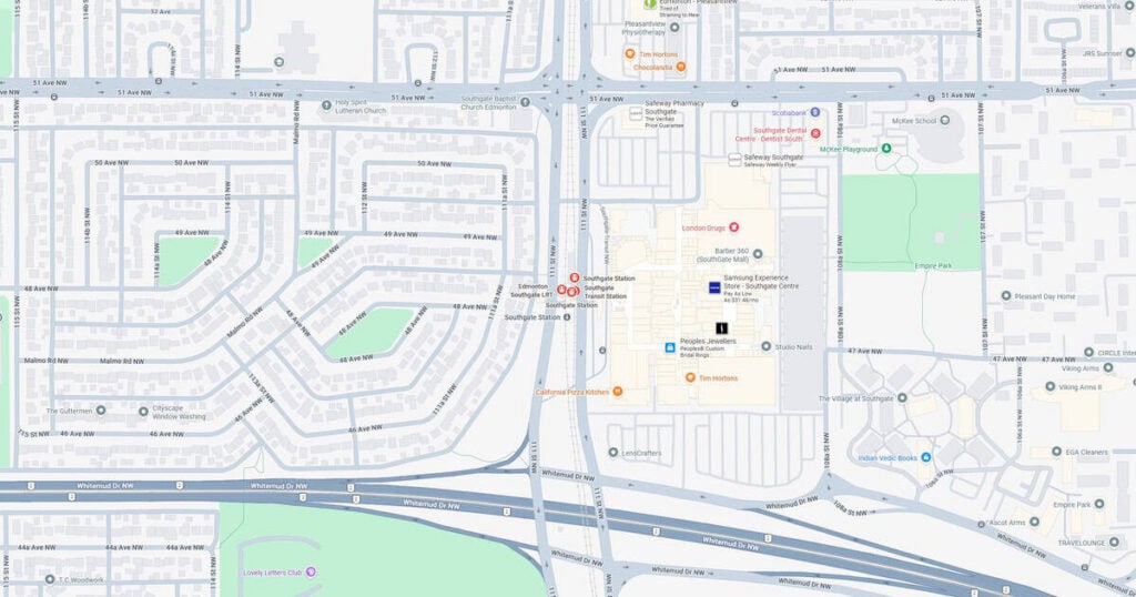 Detailed map showing residential areas, roads, parks, and community facilities in a suburban setting.