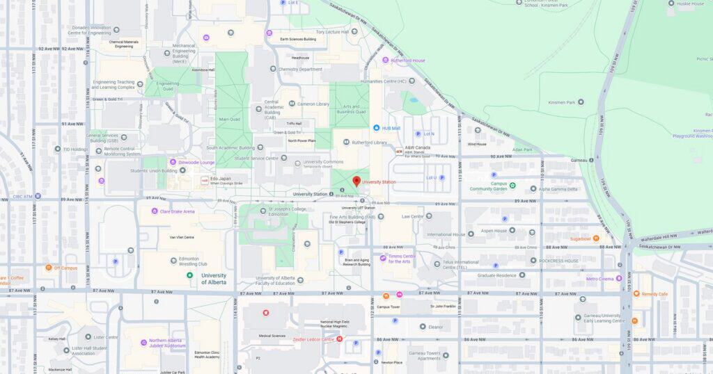 Detailed map of the University of Alberta area showing campus buildings, roads, and nearby parks.