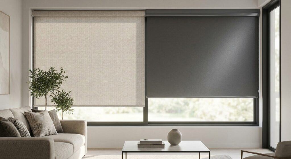 Spacious living room featuring large windows with roller blinds, a comfortable sofa, and minimalist interior design.