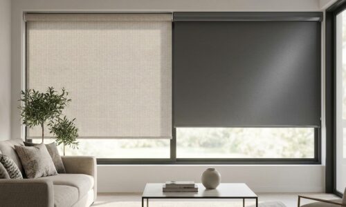 Spacious living room featuring large windows with roller blinds, a comfortable sofa, and minimalist interior design.