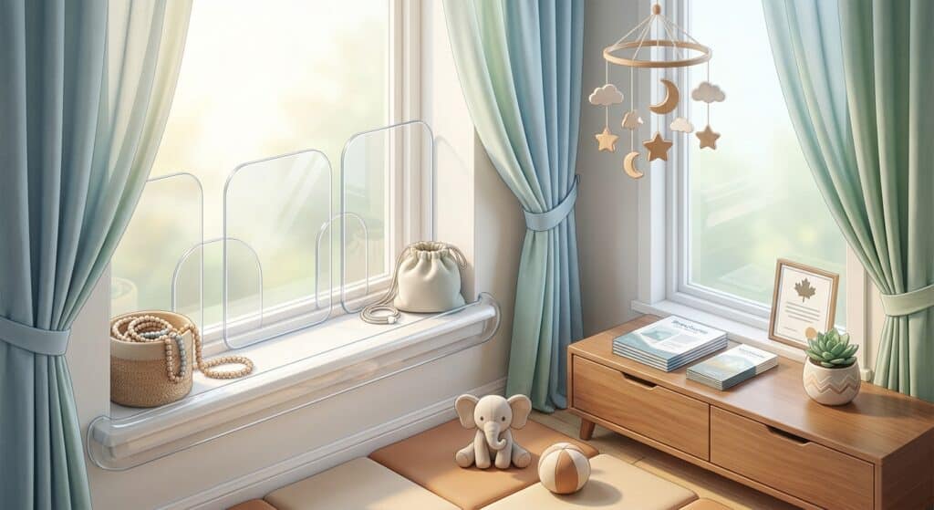 Bright nursery with large window, soft curtains, and playful hanging mobile.