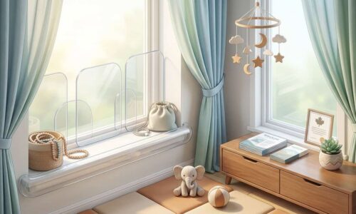 Bright nursery with large window, soft curtains, and playful hanging mobile.
