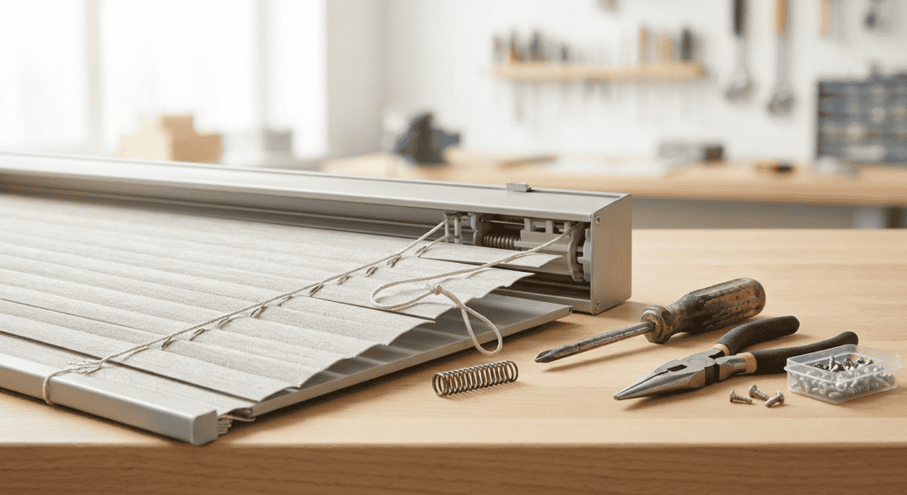 A close-up of a window blind roller mechanism with tools and hardware on a wooden workbench, ready for installation or repair.