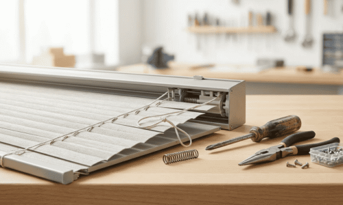 A close-up of a window blind roller mechanism with tools and hardware on a wooden workbench, ready for installation or repair.