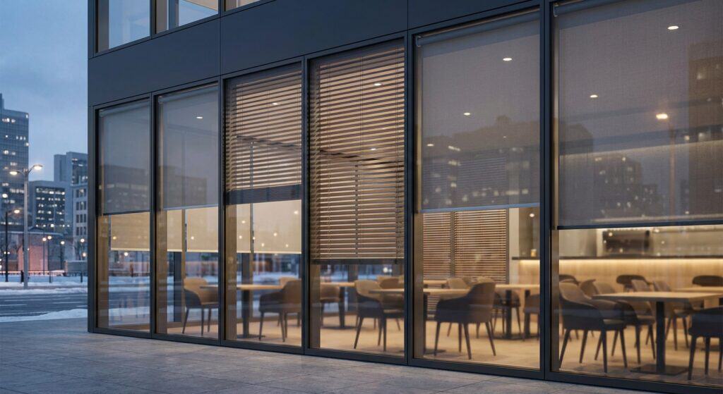 Elegant glass exterior of a restaurant or cafe with visible interior seating and warm lighting, showcasing contemporary architecture and urban setting.