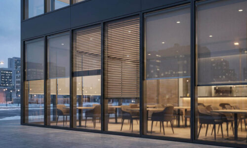 Elegant glass exterior of a restaurant or cafe with visible interior seating and warm lighting, showcasing contemporary architecture and urban setting.