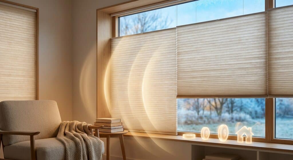 Bright living room with beige window blinds and sunlight streaming in.