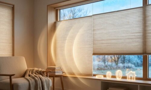 Bright living room with beige window blinds and sunlight streaming in.