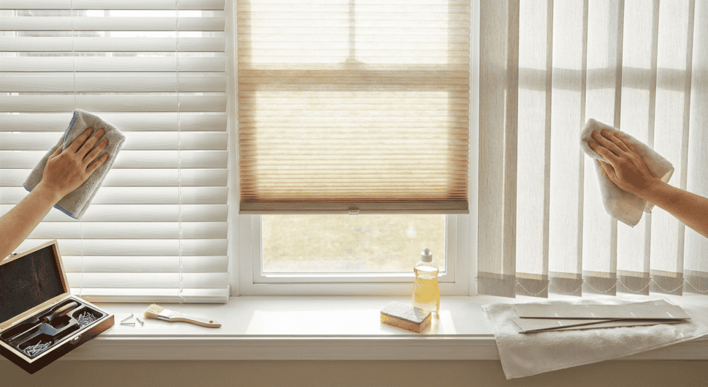 Cleaning window blinds with cloths in a bright room, maintaining cleanliness and hygiene.