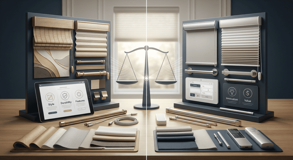 Display of various window blind samples with digital control panels, scales, and fabric swatches for interior design and window treatment options.