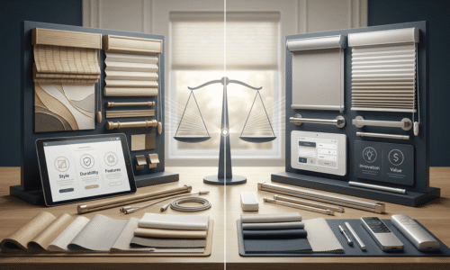 Display of various window blind samples with digital control panels, scales, and fabric swatches for interior design and window treatment options.