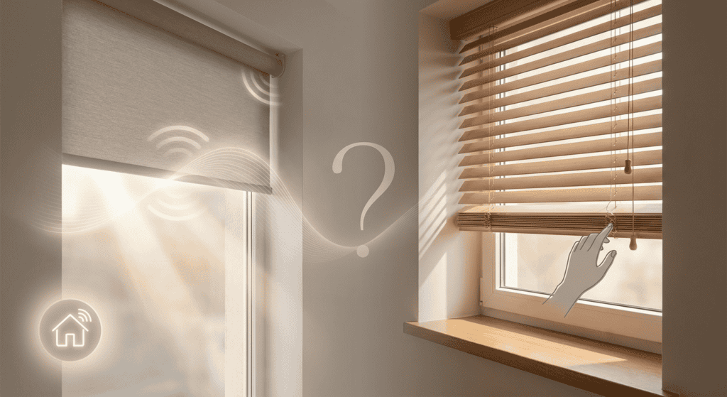 A hand adjusting wooden blinds on a sunny window, allowing natural light to enter the room. The image highlights window treatment, sunlight, and interior decor.