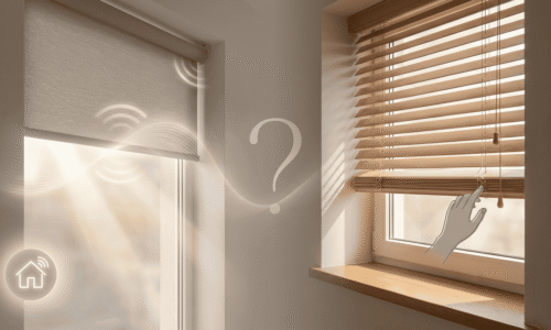 A hand adjusting wooden blinds on a sunny window, allowing natural light to enter the room. The image highlights window treatment, sunlight, and interior decor.