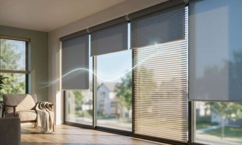Bright living room with expansive windows and sleek roller blinds, offering natural light and outdoor views.