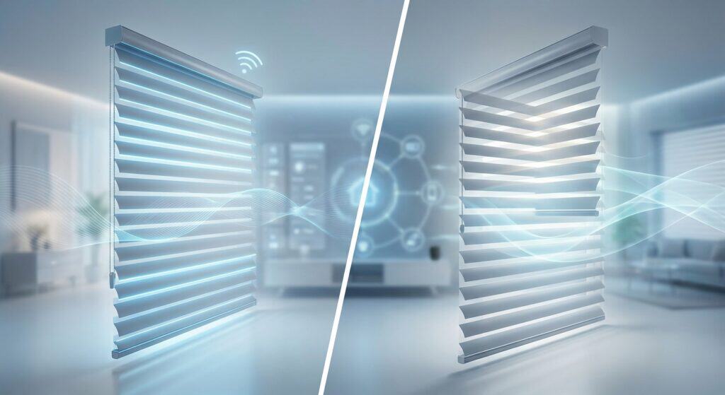 Wireless smart window blinds with remote control and automation features.