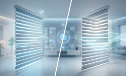 Wireless smart window blinds with remote control and automation features.