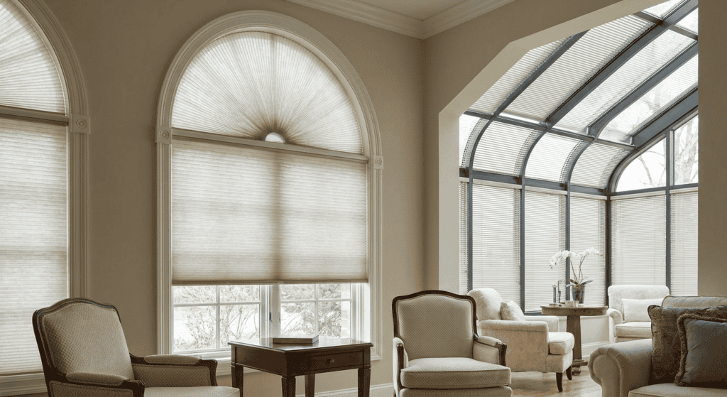 Bright conservatory with large arched windows, soft natural light, and cozy seating area for relaxation and enjoying outdoor views.