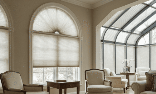 Bright conservatory with large arched windows, soft natural light, and cozy seating area for relaxation and enjoying outdoor views.
