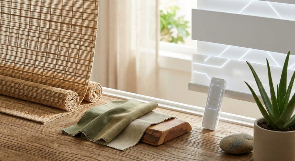 Smart home air quality monitor placed on a windowsill with natural light, potted plant, and bamboo blinds in the background.