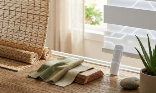 Smart home air quality monitor placed on a windowsill with natural light, potted plant, and bamboo blinds in the background.