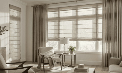 Bright living room featuring large windows with beige Roman shades, comfortable armchair, side table with lamp, and indoor plants, creating a warm and inviting atmosphere.