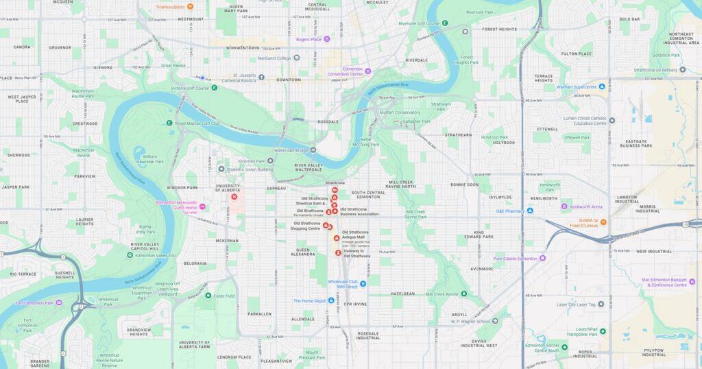 Detailed map showing river, roads, and public transit lines in an urban setting.