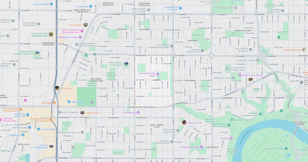 Detailed city map showing streets, parks, and landmarks with various icons and labels for navigation and reference.