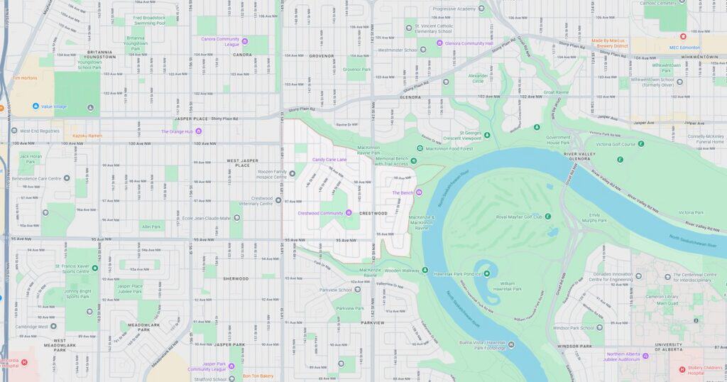 Detailed city map showing streets, parks, and a river flowing through the area, with various landmarks and neighborhood labels.