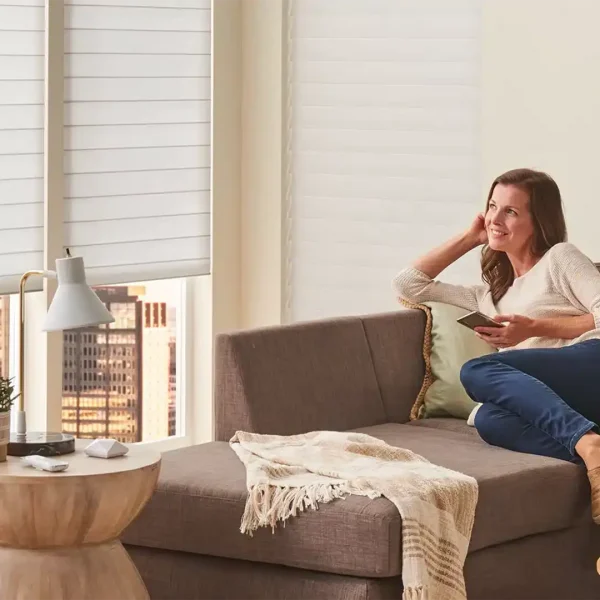 Enjoying natural light with stylish window blinds in a cozy urban living room.