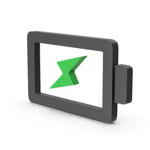 Green digital logo on a tablet screen, representing technology and digital solutions for window treatment services.