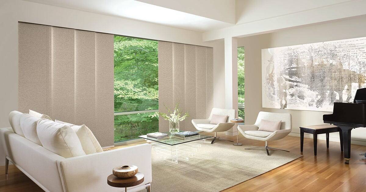 Elegant neutral window blinds in a modern living room with natural light, showcasing custom drapery solutions by Blinds West for stylish home window treatment.