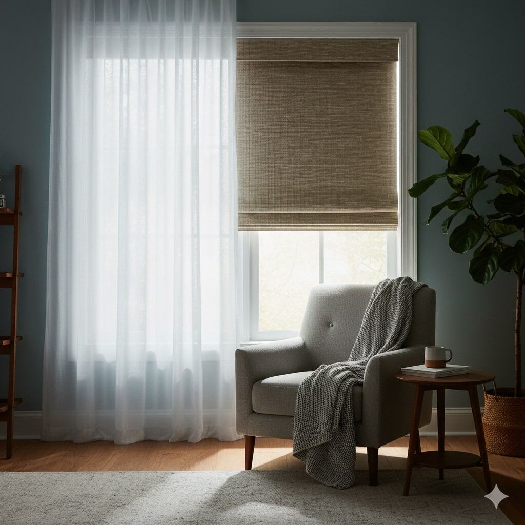 Soft natural light filters through sheer white curtains and a beige roller blind in a cozy living room corner, featuring a comfortable armchair with a gray throw blanket, a side table with a mug and books, and a tall green houseplant.